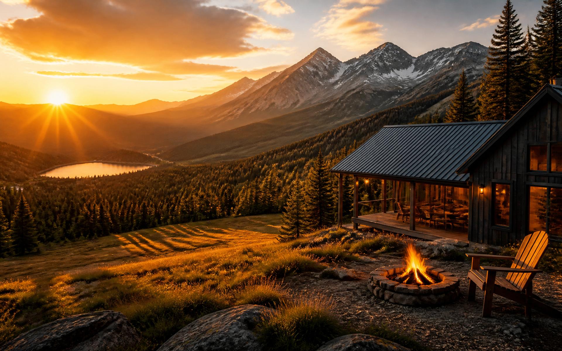 Golden-hour mountain valley with a modern cabin and firepit